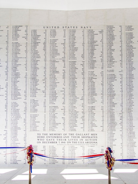 USS Arizona Memorial Wall with engraved names of fallen soldiers, Pearl Harbor, Honolulu, Hawaii.