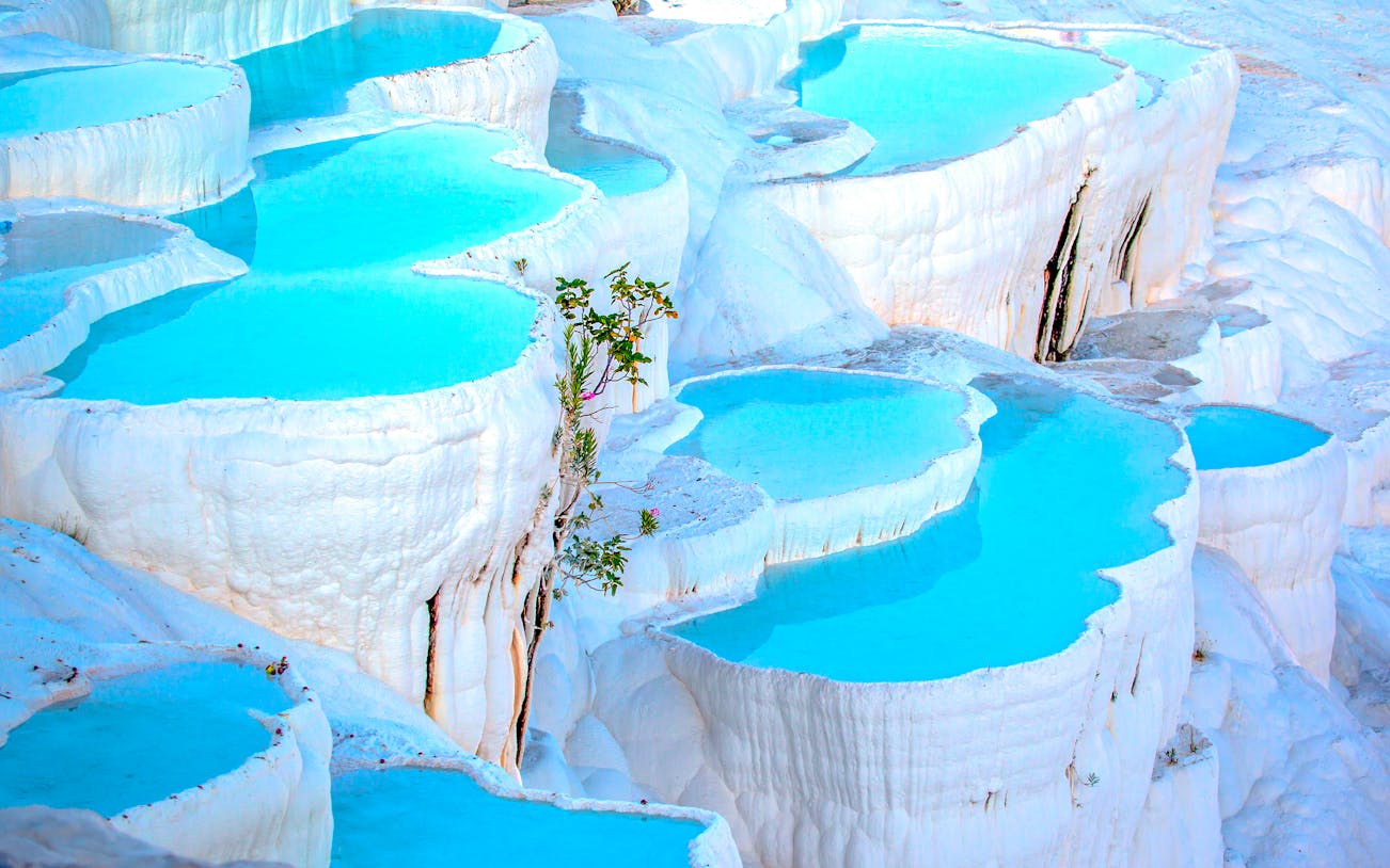 Turquoise travertine pools at Pamukkale, Turkey.