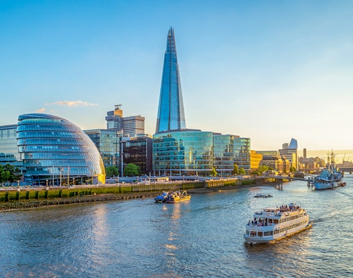 River Thames cruise with view of The Shard and City Hall in London.