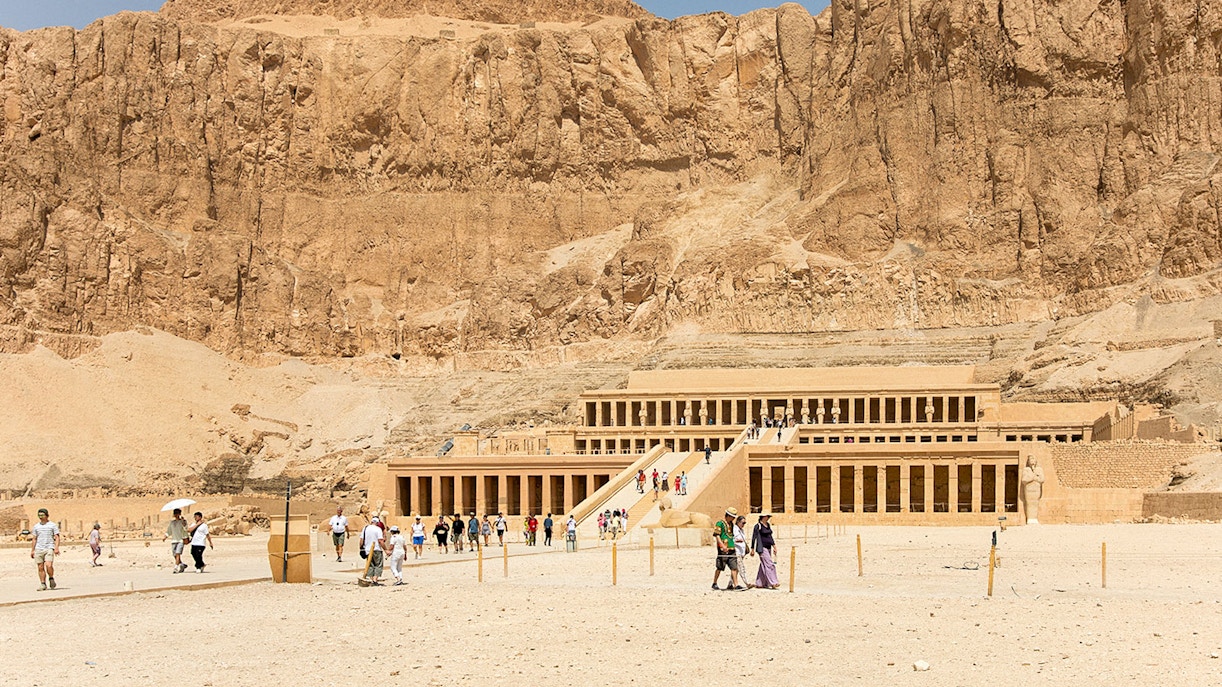 Ancient temple of Hatshepsut with tourists in Luxor, Egypt.