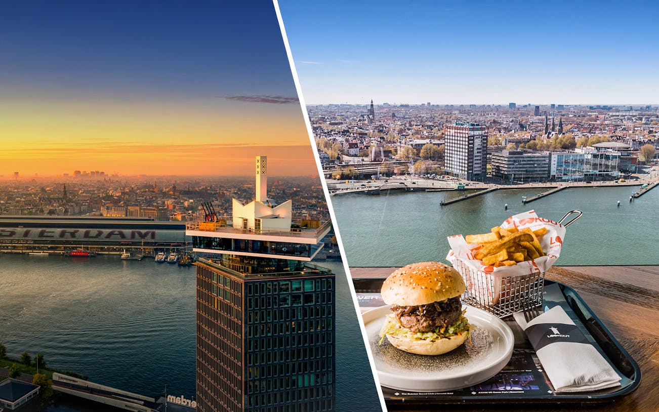 Burger and fries at Panorama Restaurant with ADAM Lookout view, Amsterdam.