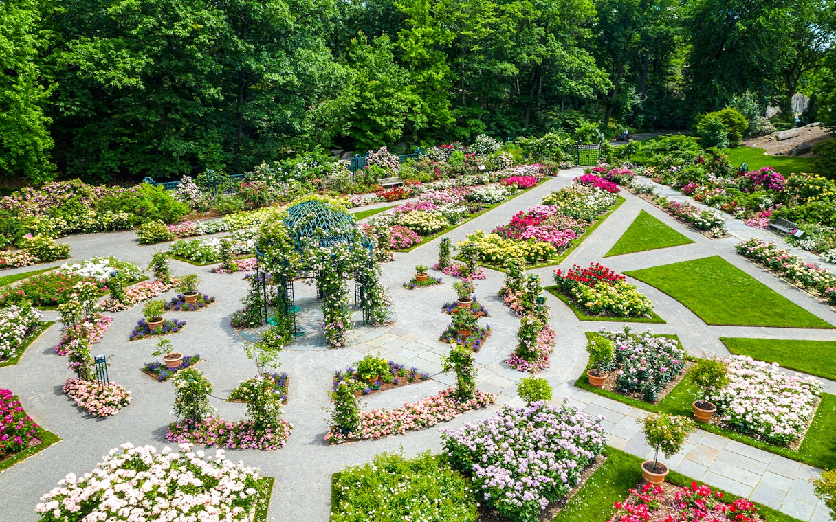 Colorful flower beds and pathways at New York Botanical Gardens.