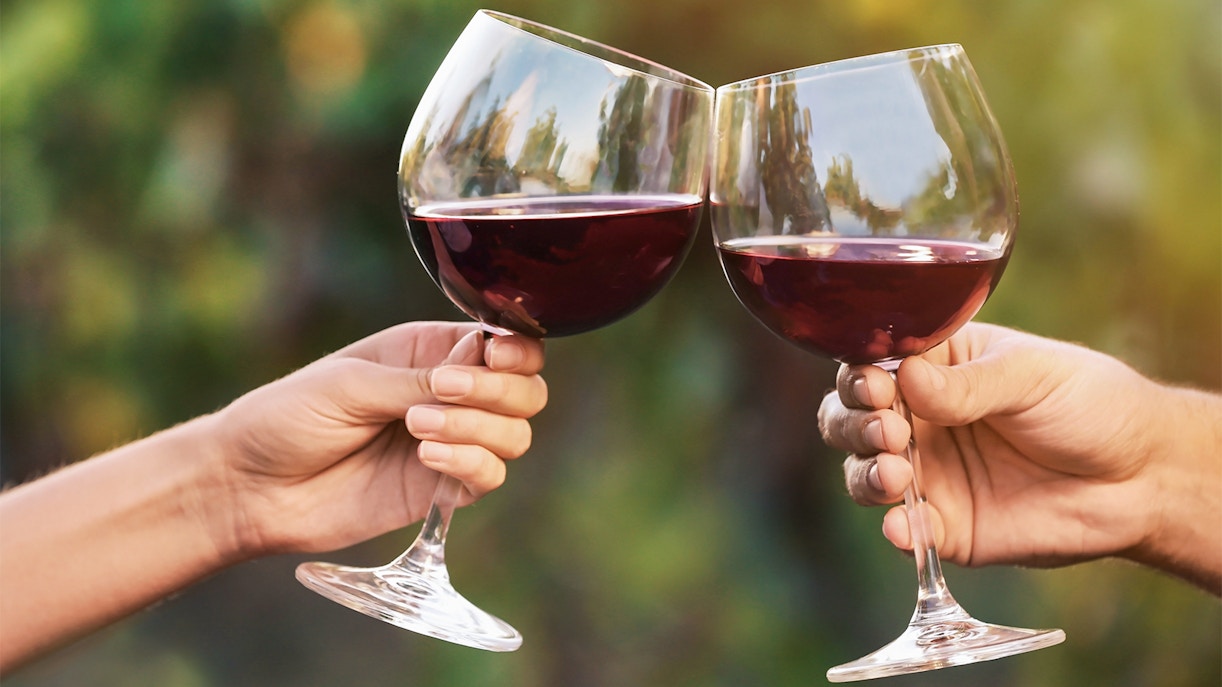 Toasting with red wine glasses in Chianti vineyard, Italy.