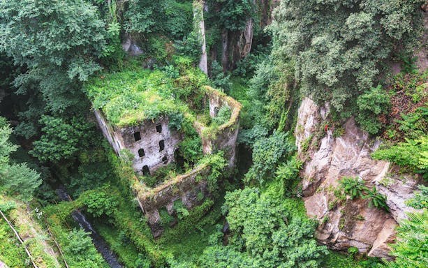 Abandoned mill ruins covered in greenery in Sorrento, Italy.