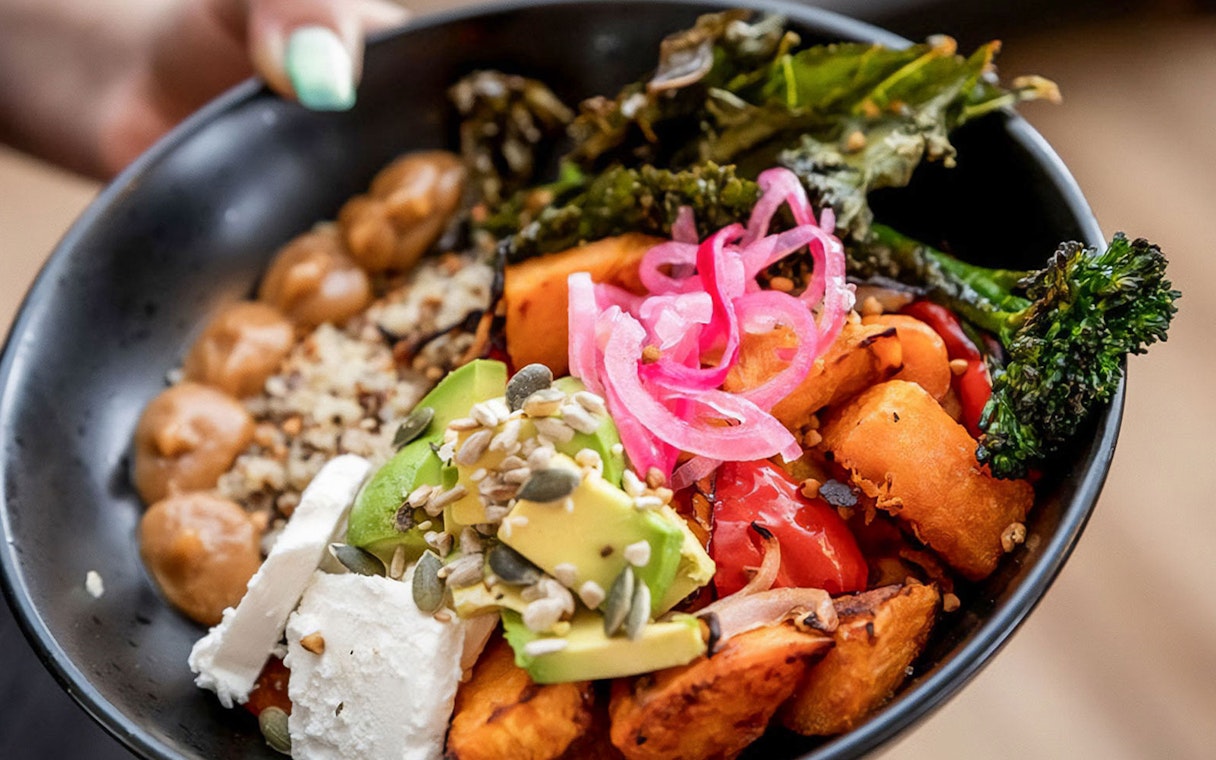 Bowl of mixed vegetables and grains served on the Mary Valley Rattler Train Experience.