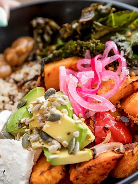 Bowl of mixed vegetables and grains served on the Mary Valley Rattler Train Experience.