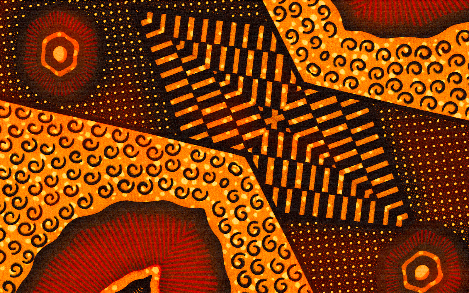 African textile print with vibrant patterns displayed on traditional robes.