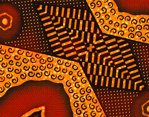 African textile print with vibrant patterns displayed on traditional robes.