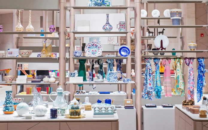 Ceramics and textiles display at Museum of Islamic Art gift shop, Doha.
