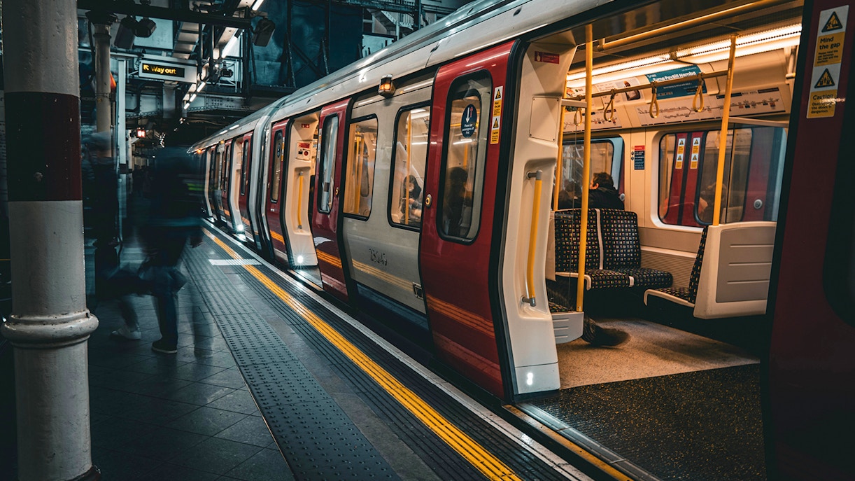 Train at station platform, route to Arsenal FC Stadium, London.