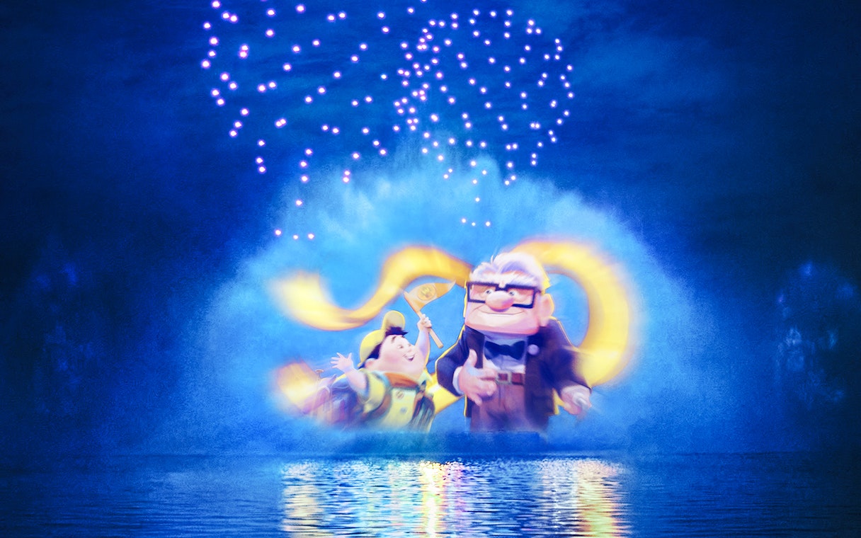 Disneyland World of Frozen Illuminations with animated characters projected on water.
