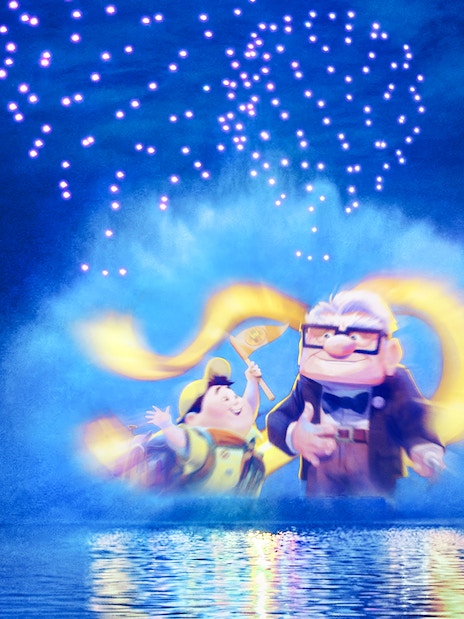 Disneyland World of Frozen Illuminations with animated characters projected on water.