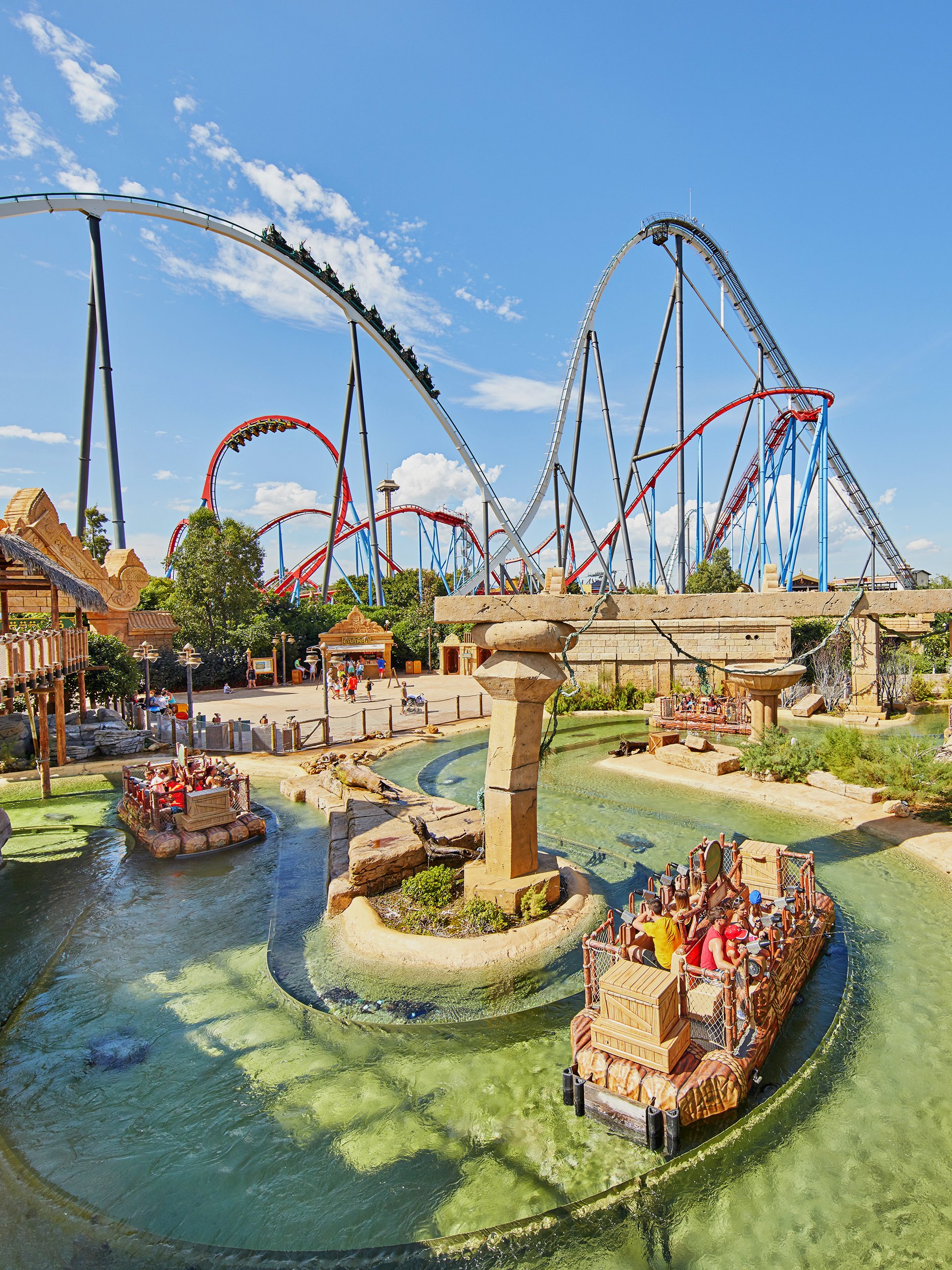 Roller coasters and water ride at Port Aventura World theme park.