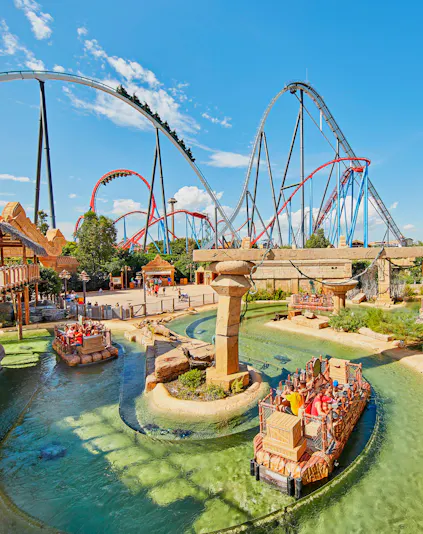 Roller coasters and water ride at Port Aventura World theme park.