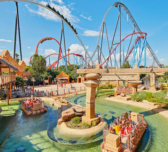 Roller coasters and water ride at Port Aventura World theme park.