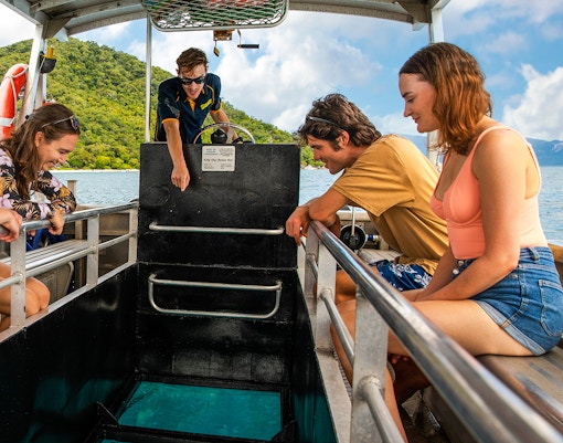 Tourists on a glass-bottom boat tour at Fitzroy Island, viewing marine life.