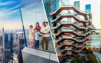 Family enjoying skyline view from Edge Observation Deck; Vessel structure in New York City.