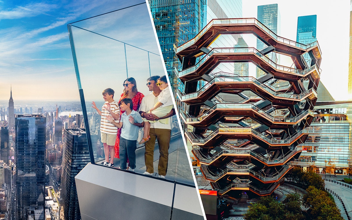 Family enjoying skyline view from Edge Observation Deck; Vessel structure in New York City.