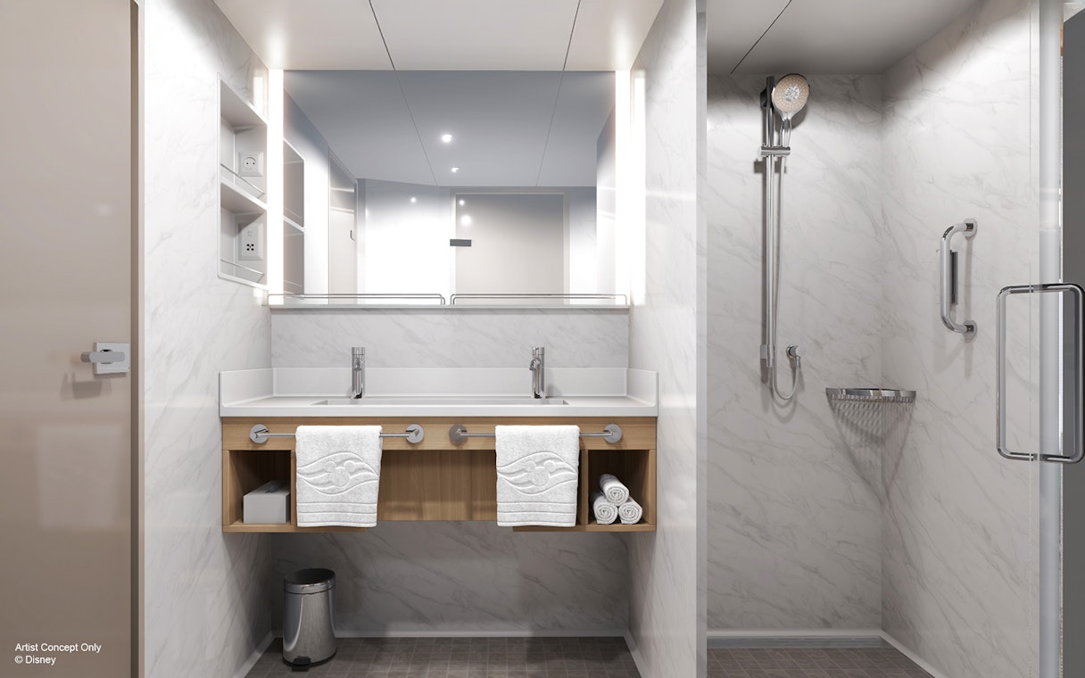 Concierge Family Stateroom bathroom with double sinks and shower, Disney Adventure Cruise.