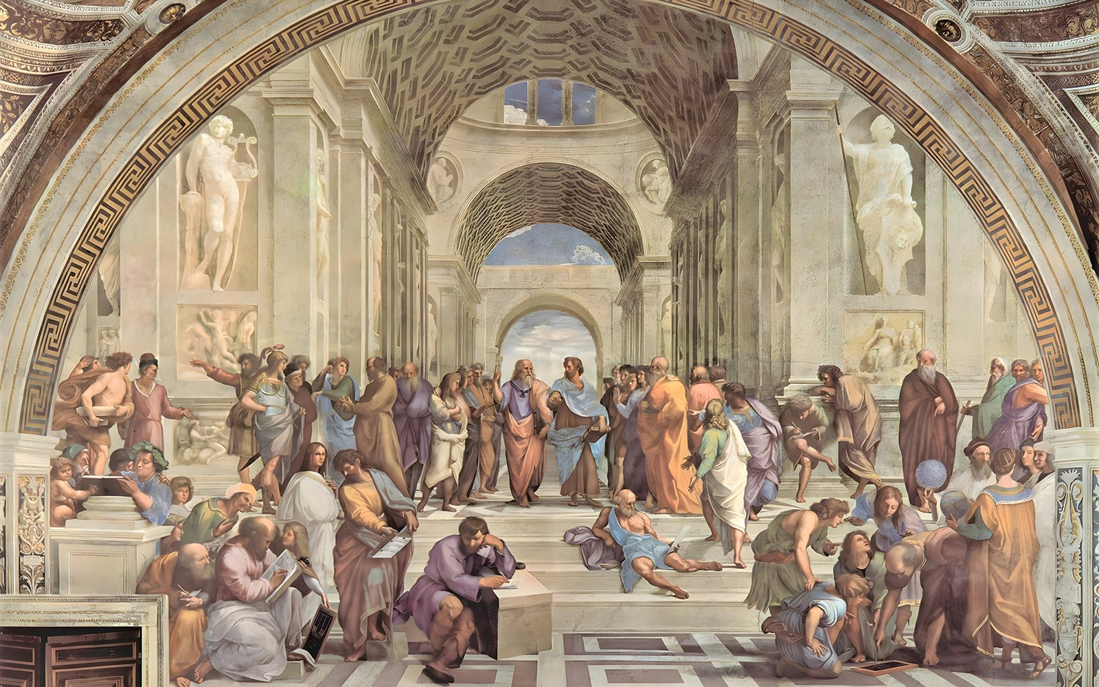 The School of Athens fresco by Raphael, depicting philosophers in the Sistine Chapel.