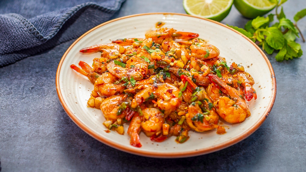 Grilled shrimp with herbs and spices, Jimbaran Bali seafood dinner.
