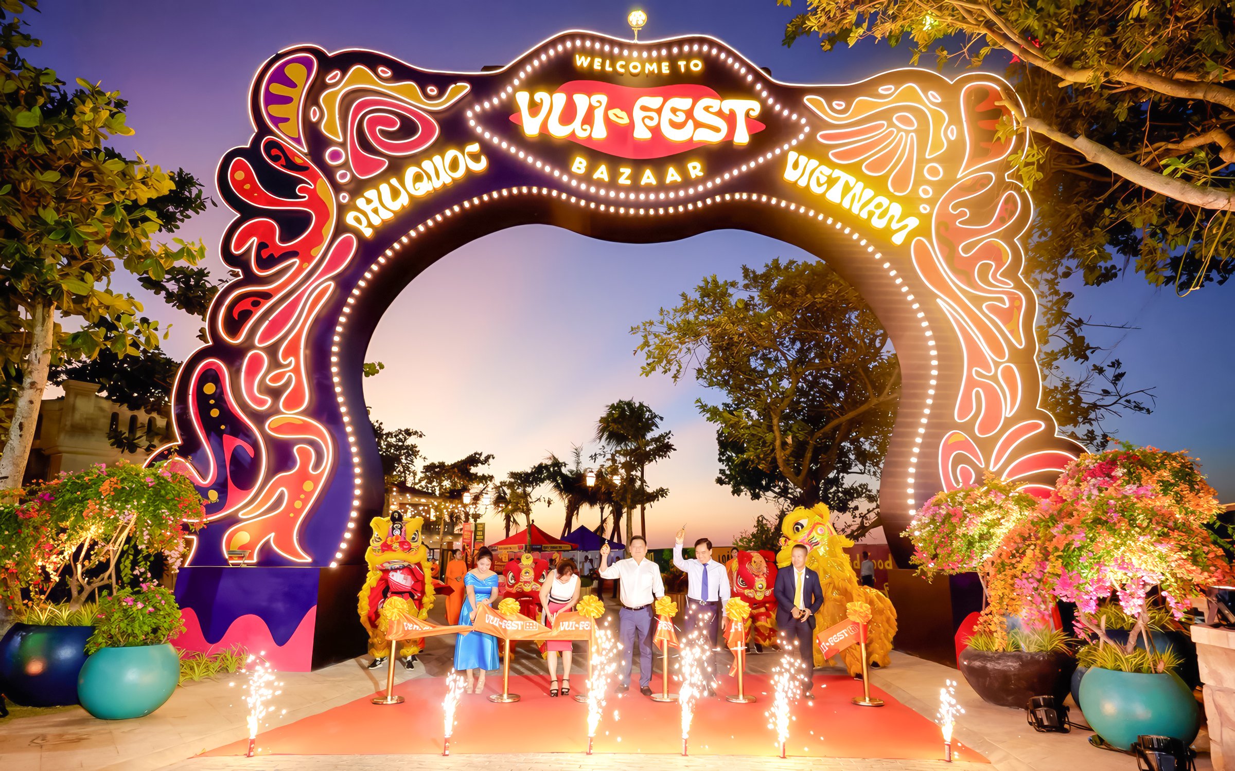 Vui Fest Bazaar entrance with fireworks at Sun World Hon Thom, Phu Quoc, Vietnam.