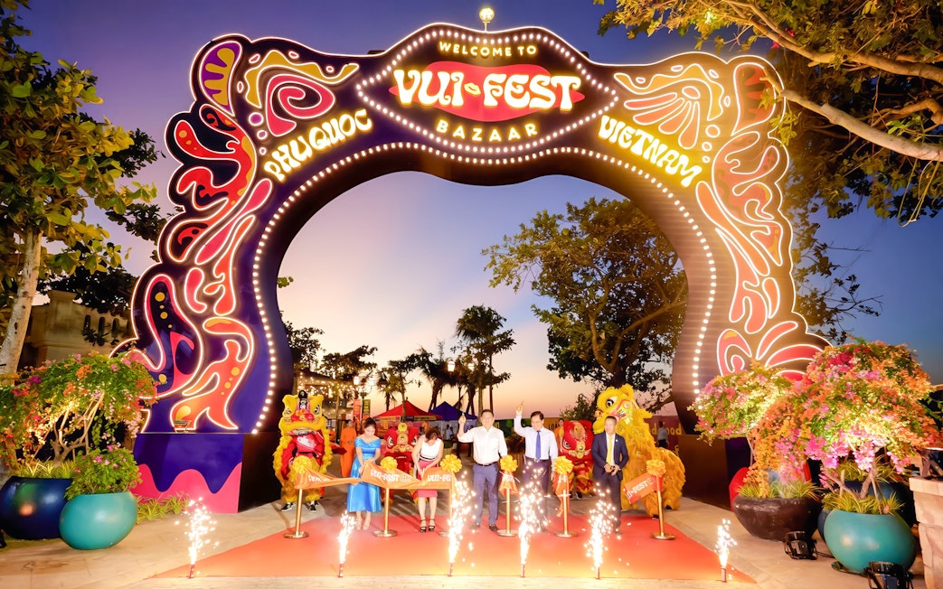 Vui Fest Bazaar entrance with fireworks at Sun World Hon Thom, Phu Quoc, Vietnam.