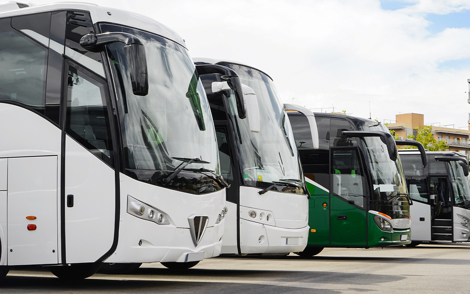 Parked buses at a terminal with buildings in the background.