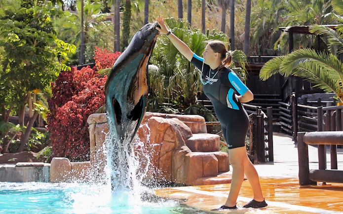 Sealion performing with trainer at Jungle Park Tenerife.