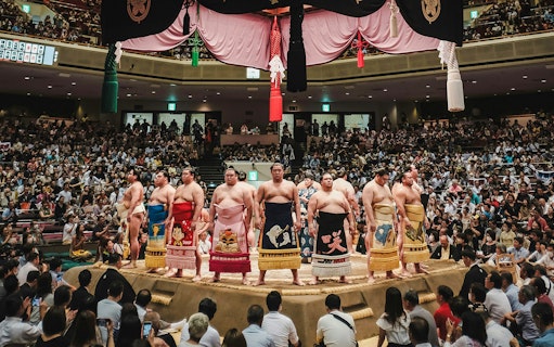 Sumo wrestlers line up in the ring at Tokyo Grand Sumo Tournament, Japan.