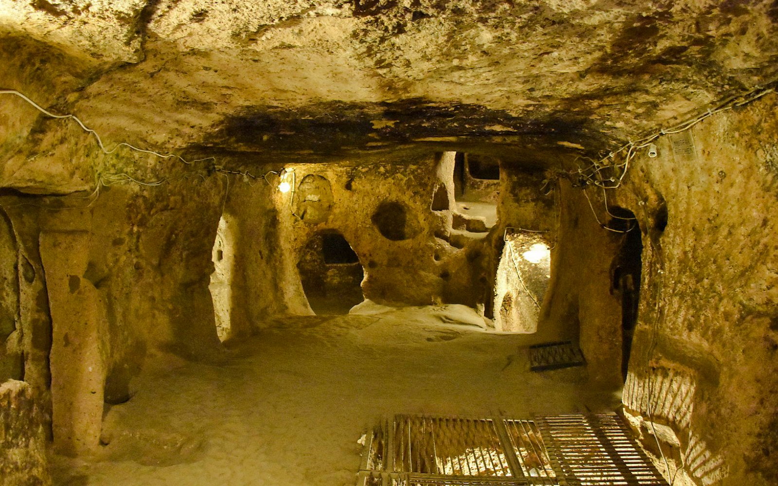 Kaymaki Underground City interior with stone walls and passageways in Goreme Valley, Cappadocia.