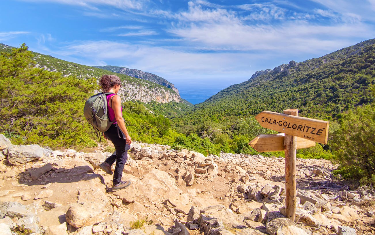 Hiker on rocky trail with sign pointing to Cala Goloritzè, Sardinia, overlooking lush valley and sea.