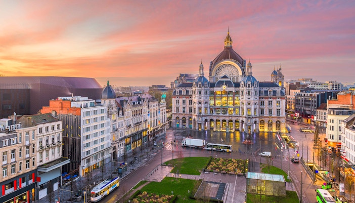 Antwerp Central Railway Station interior with ornate architecture, Belgium.