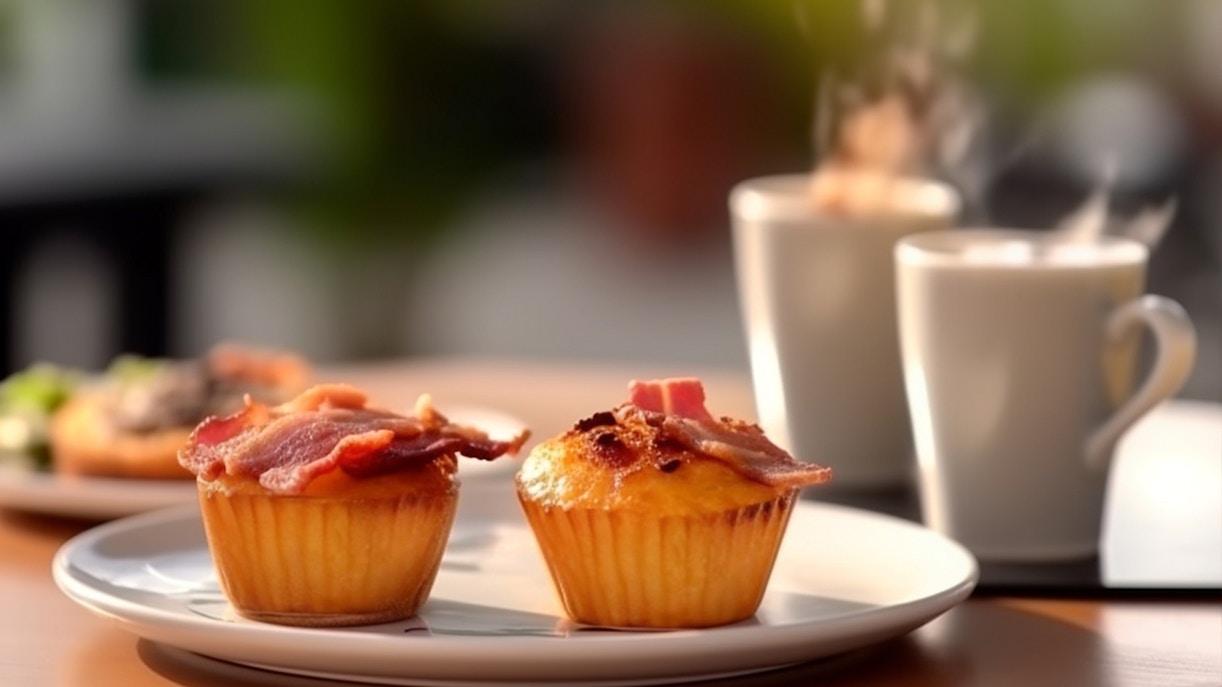 Breakfast bacon muffin on a white plate with a side of fresh greens.