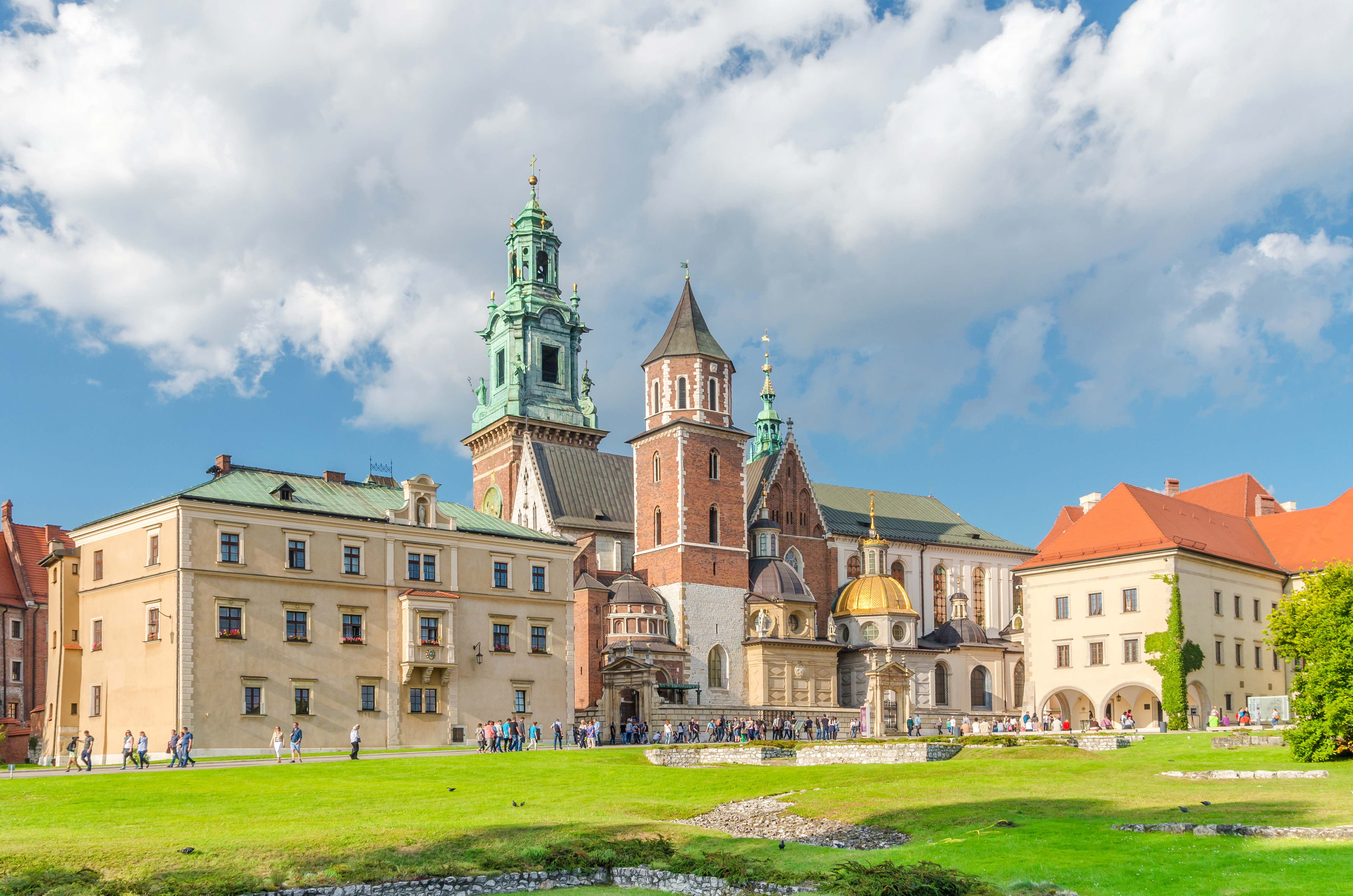 Wawel Castle with tourists on a sunny afternoon, Krakow.