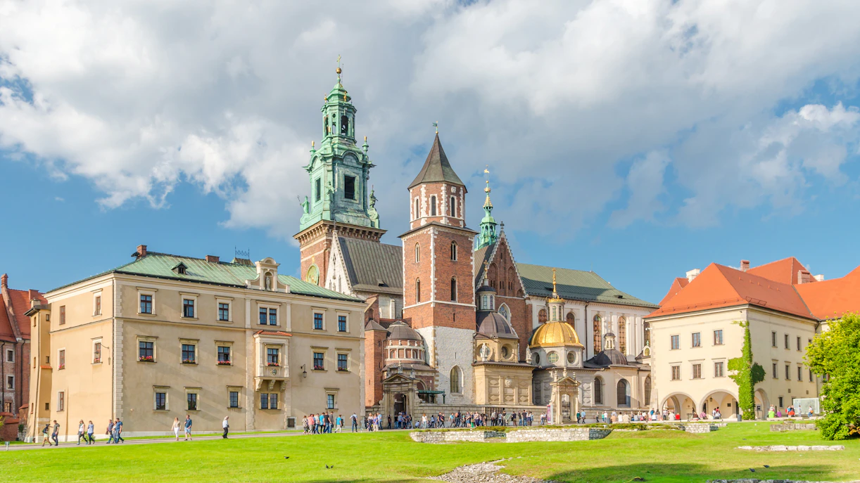 Wawel Castle with tourists on a sunny afternoon, Krakow.