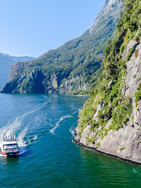 Cruise ship sailing through Milford Sound, New Zealand with towering cliffs and lush greenery.