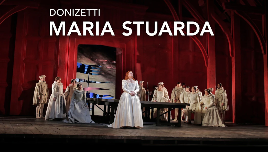 Maria Stuarda cast performing on Broadway stage with period costumes.