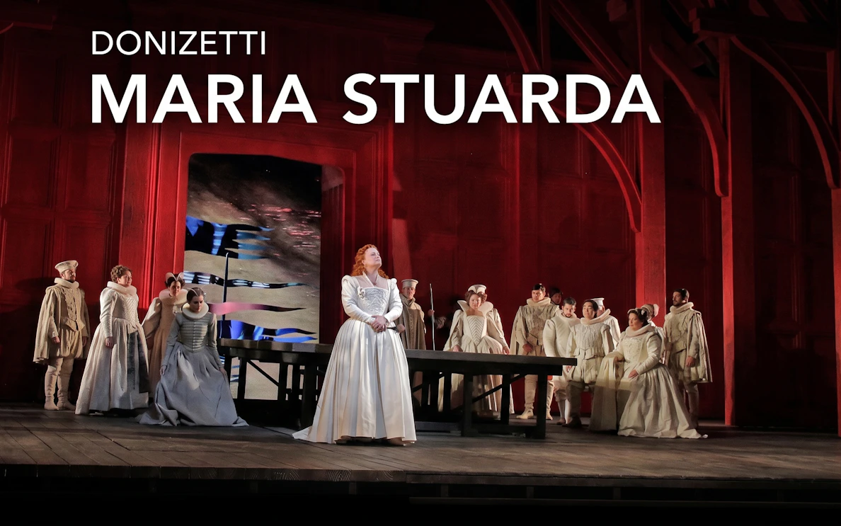 Maria Stuarda cast performing on Broadway stage with period costumes.