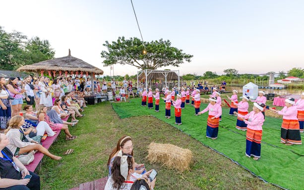 Traditional Thai dancers performing at Yi Peng and Loy Krathong Festival 2025 in Chiang Mai.