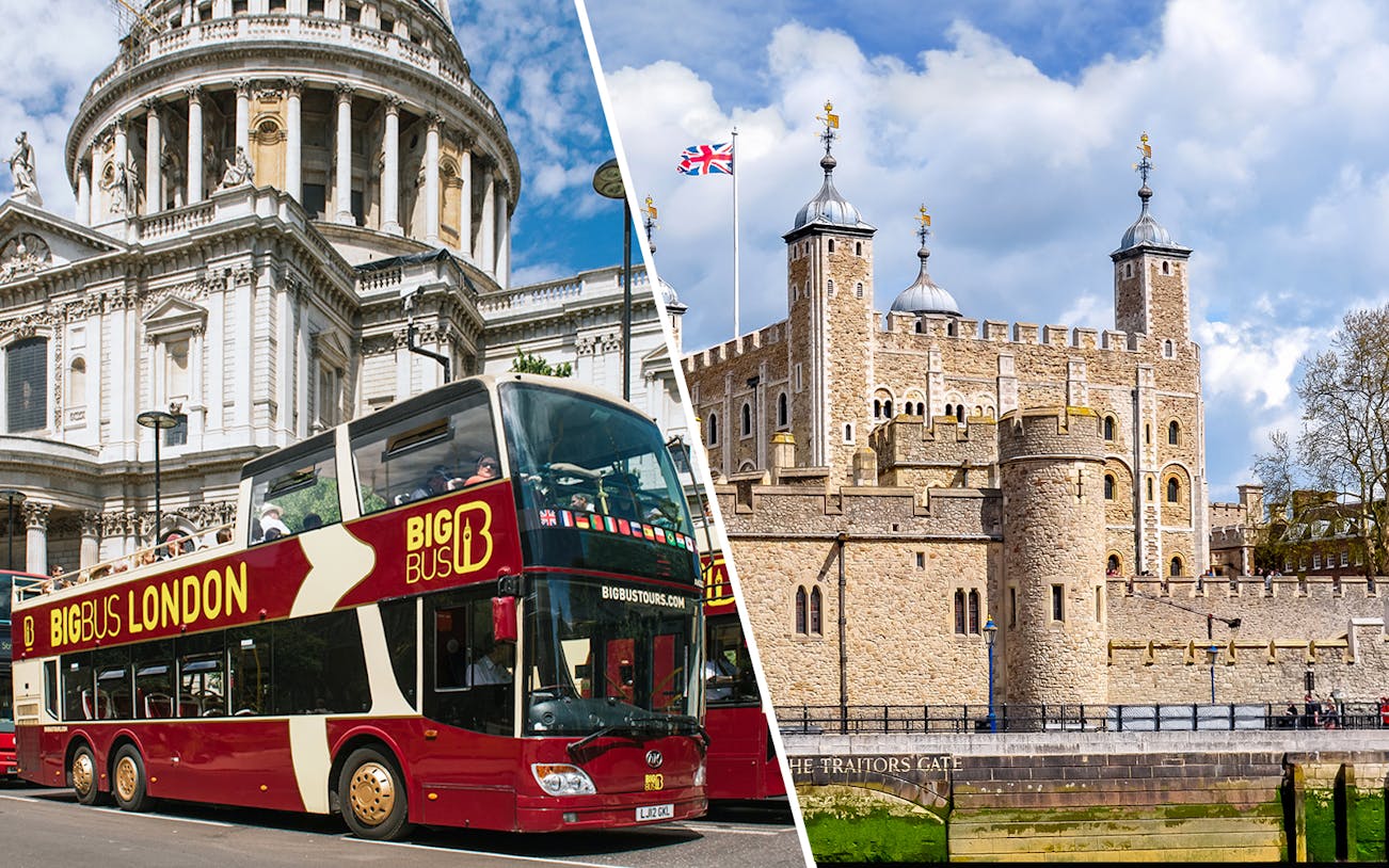 Big Bus London tour passing St. Paul's Cathedral and Tower of London.