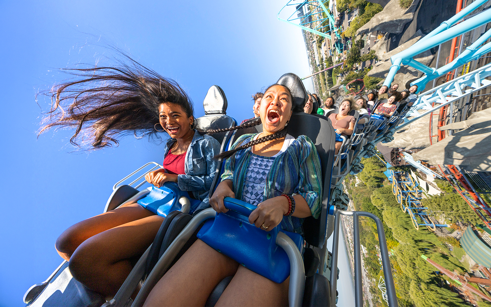 Riders enjoying the Alpen Fury Rollercoaster at Canada's Wonderland, Six Flags.