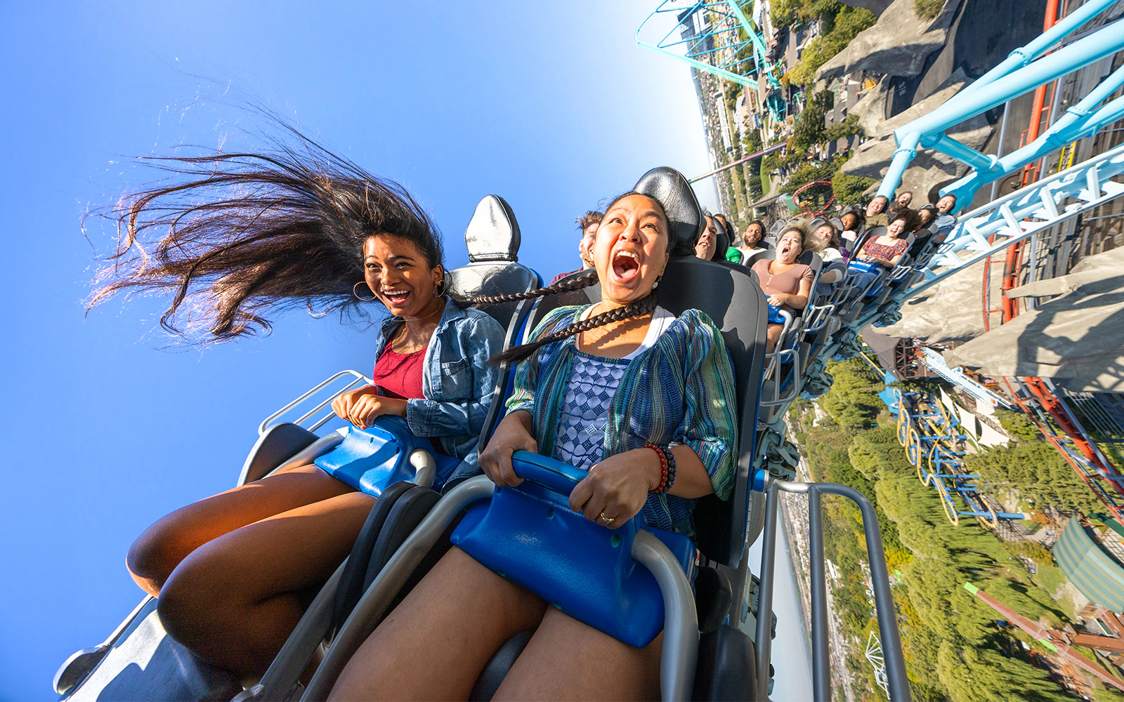 Riders enjoying the Alpen Fury Rollercoaster at Canada's Wonderland, Six Flags.
