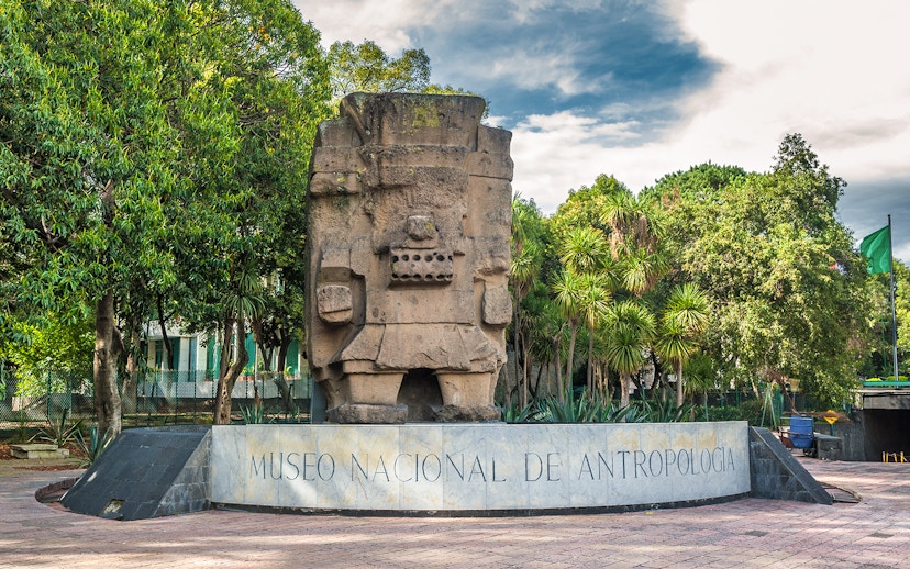 Stone sculpture at the entrance of the National Museum of Anthropology, Mexico City.