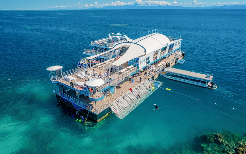 Aerial view of a pontoon with tourists in the Great Barrier Reef, Australia.