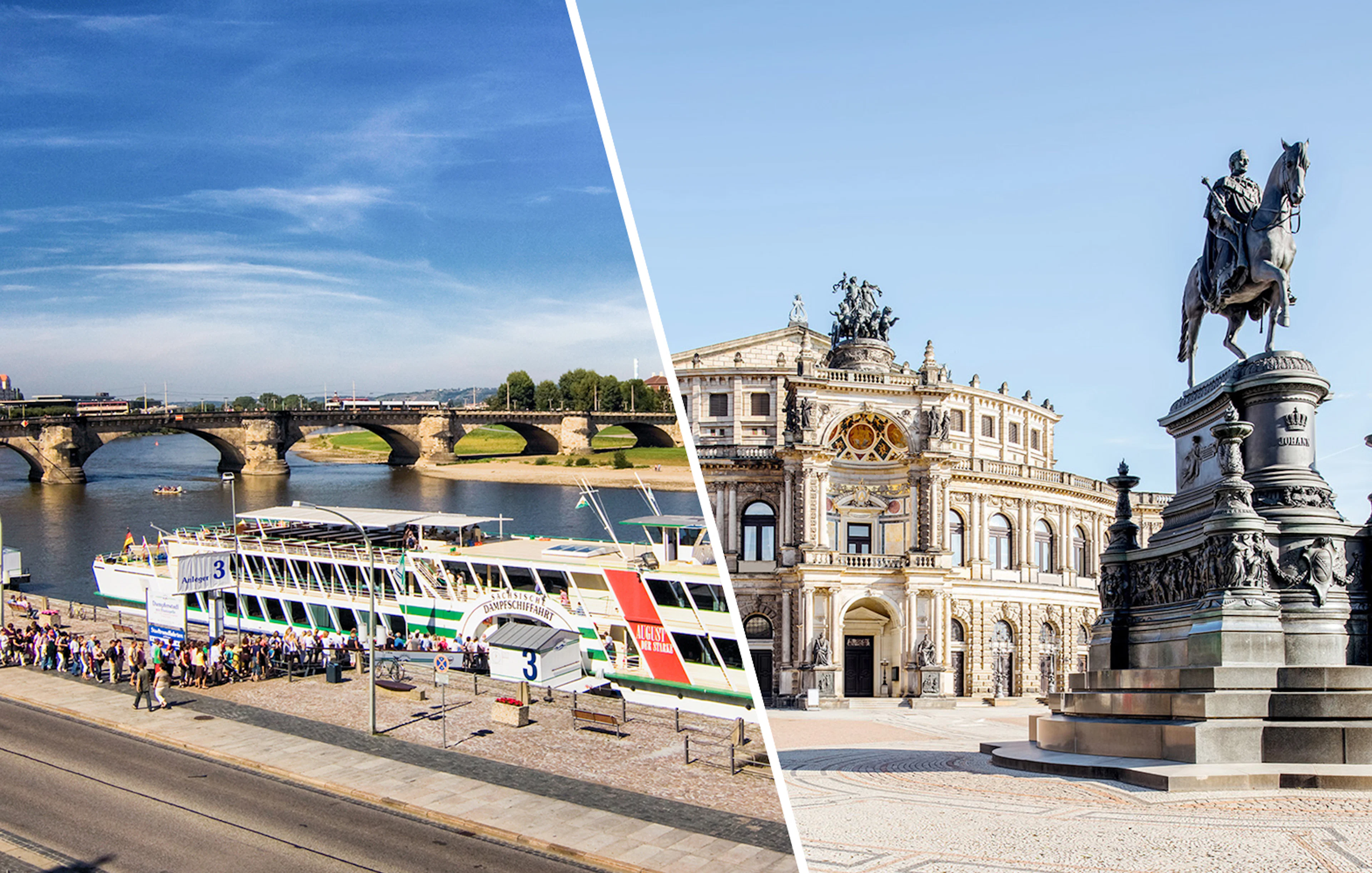 Elbe River cruise ship docked in Dresden with Semperoper and equestrian statue nearby.