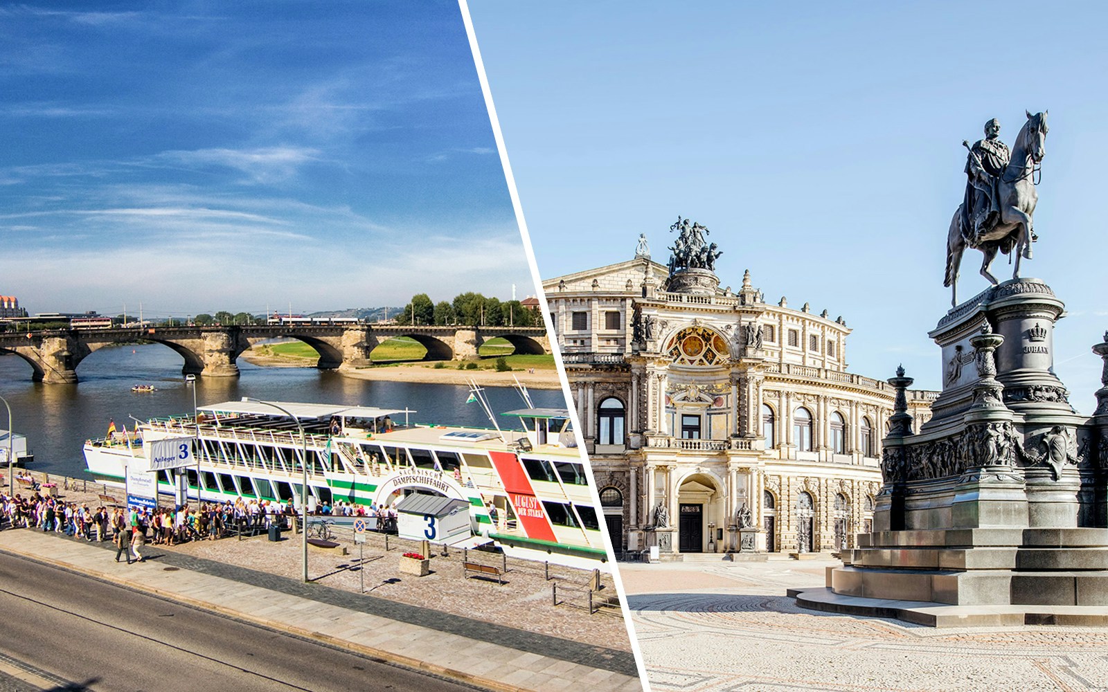 Elbe River cruise ship docked in Dresden with Semperoper and equestrian statue nearby.