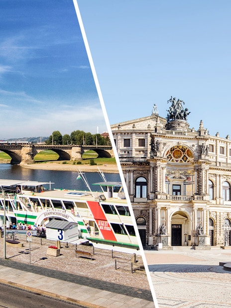 Elbe River cruise ship docked in Dresden with Semperoper and equestrian statue nearby.