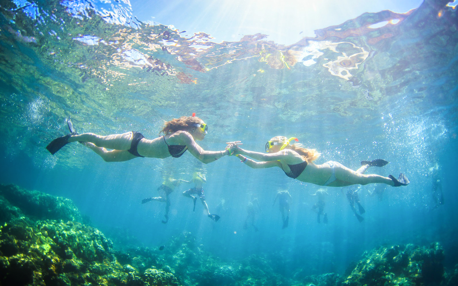 Snorkelers exploring coral reefs during luxury sail tour in Maui, Hawaii.