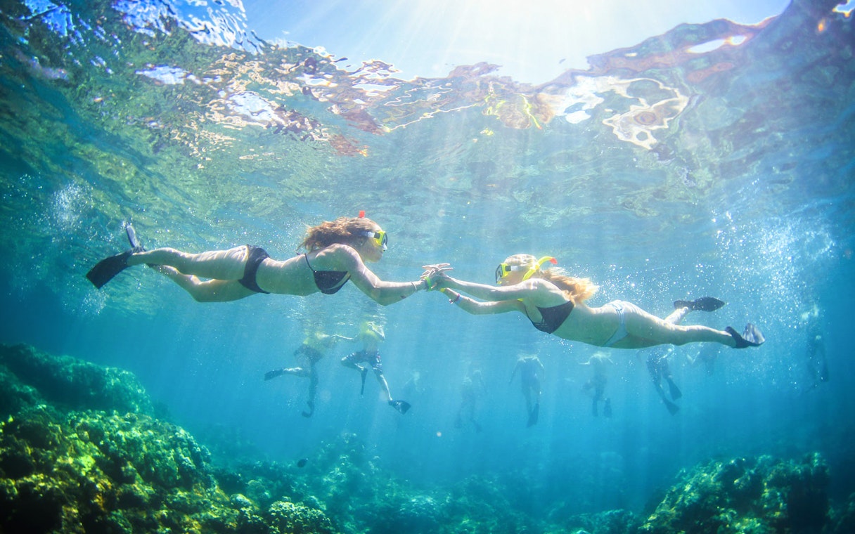 Snorkelers exploring coral reefs during luxury sail tour in Maui, Hawaii.